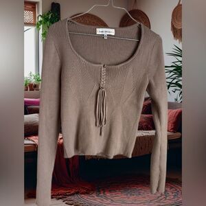 Boho Scandi Taupe Ribbed Diamond and Braid Pattern Sweater with Bow Tassel Large